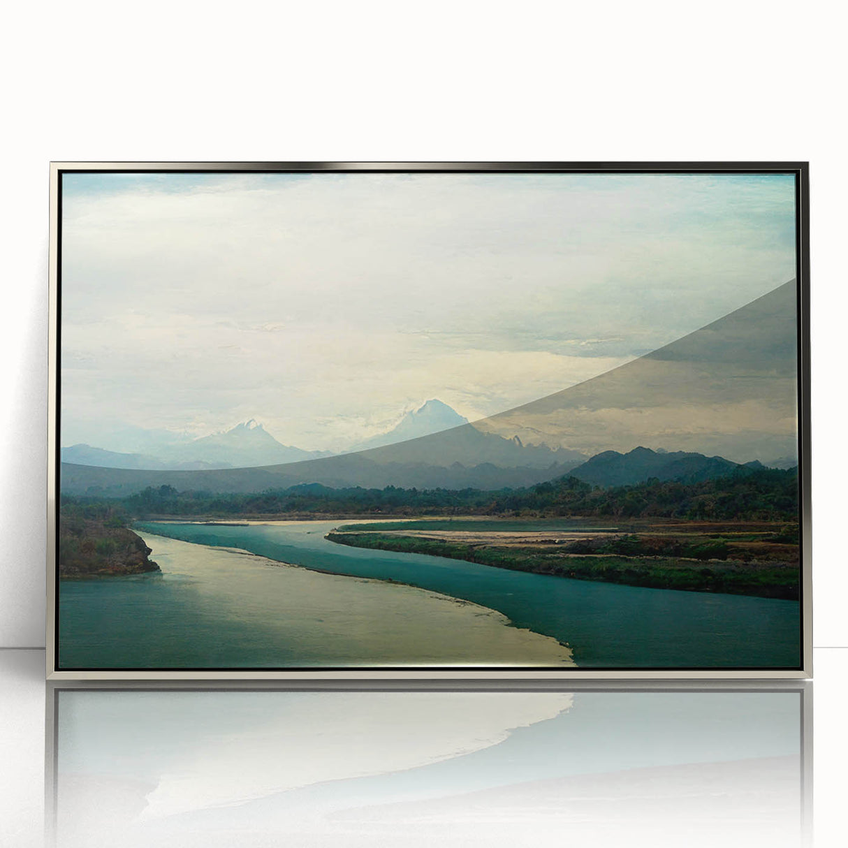 Framed wall art showcasing a serene beach landscape with vibrant colors and acrylic finish, elegantly displayed with a stylish silver frame, perfect for home decor.