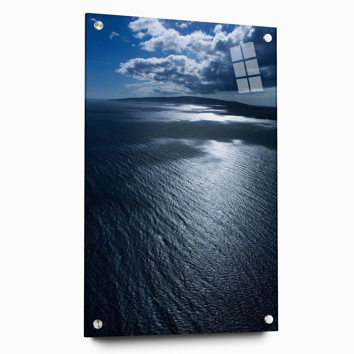 Acrylic wall art collection showcasing a vibrant beach landscape design, displayed in a side view with decorative pins, perfect for modern home décor.