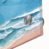 Close-up of a vibrant acrylic glass wall art piece showcasing a serene beach landscape, featuring vivid blues and sandy tones, ideal for modern home decor.