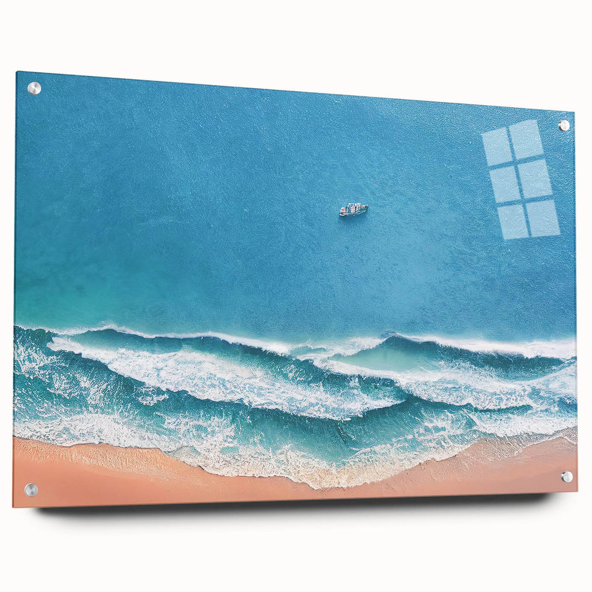 Acrylic glass wall art design showcasing a vibrant beach landscape in a side view, elegantly displayed with pins to enhance its modern aesthetic. Ideal for coastal decor enthusiasts.