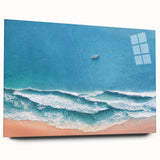 Acrylic glass artwork showcasing a vibrant beach landscape design, highlighting serene colors and intricate details, ideal for modern home décor.