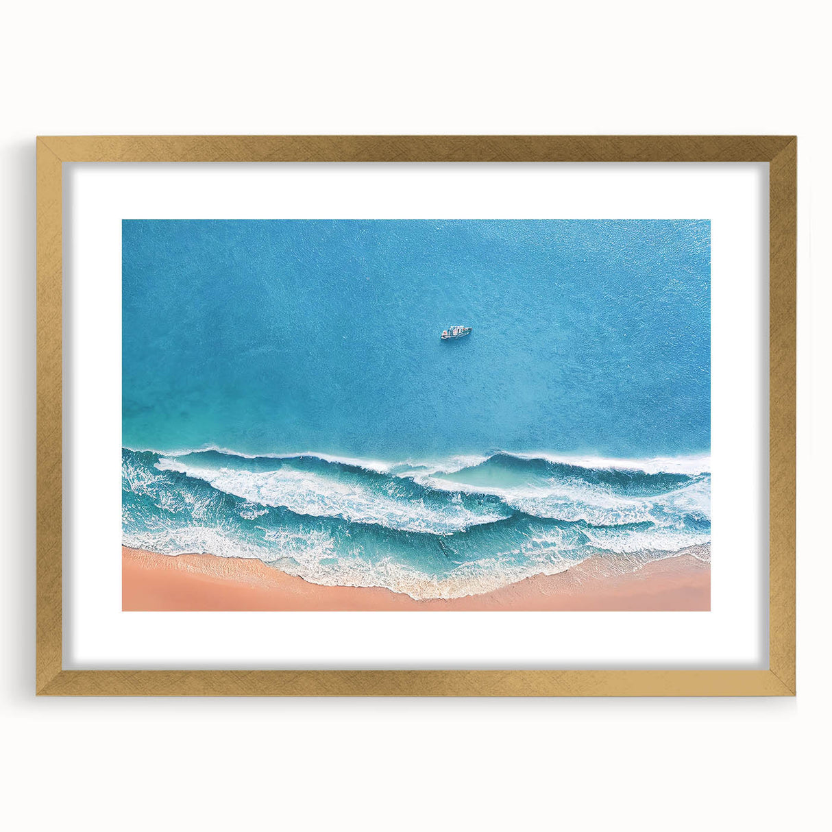 Framed wall art featuring a vibrant beach landscape design with a gold mat, perfect for home decor, adding a touch of elegance and tranquility to any room.