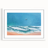 Framed wall art showcasing a serene beach landscape with soft waves and a clear sky, featuring a white mat and modern frame. Perfect for coastal home decor.