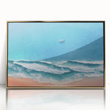 Framed acrylic wall art featuring a serene beach landscape with golden hues, ideal for coastal decor. The artwork is displayed in an elegant frame, enhancing its vibrant colors and inviting ambiance.