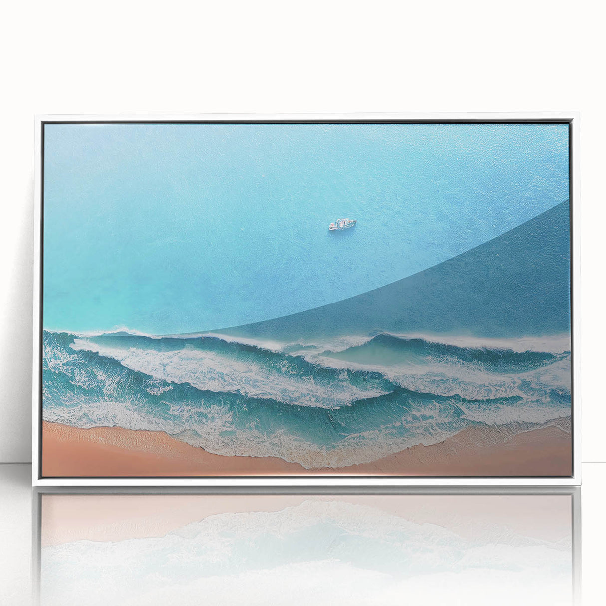 Framed acrylic wall art showcasing a vibrant beach landscape with white borders, perfect for home décor, enhancing relaxation and coastal vibes.