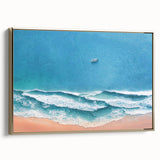 Framed canvas wall art featuring a serene beach landscape with golden accents, showcasing vibrant blues and greens. Perfect for adding a coastal touch to home decor.