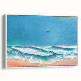 Framed canvas wall art showcasing a serene beach landscape with vibrant colors and detailed brush strokes, presented in a white frame, ideal for home decor.