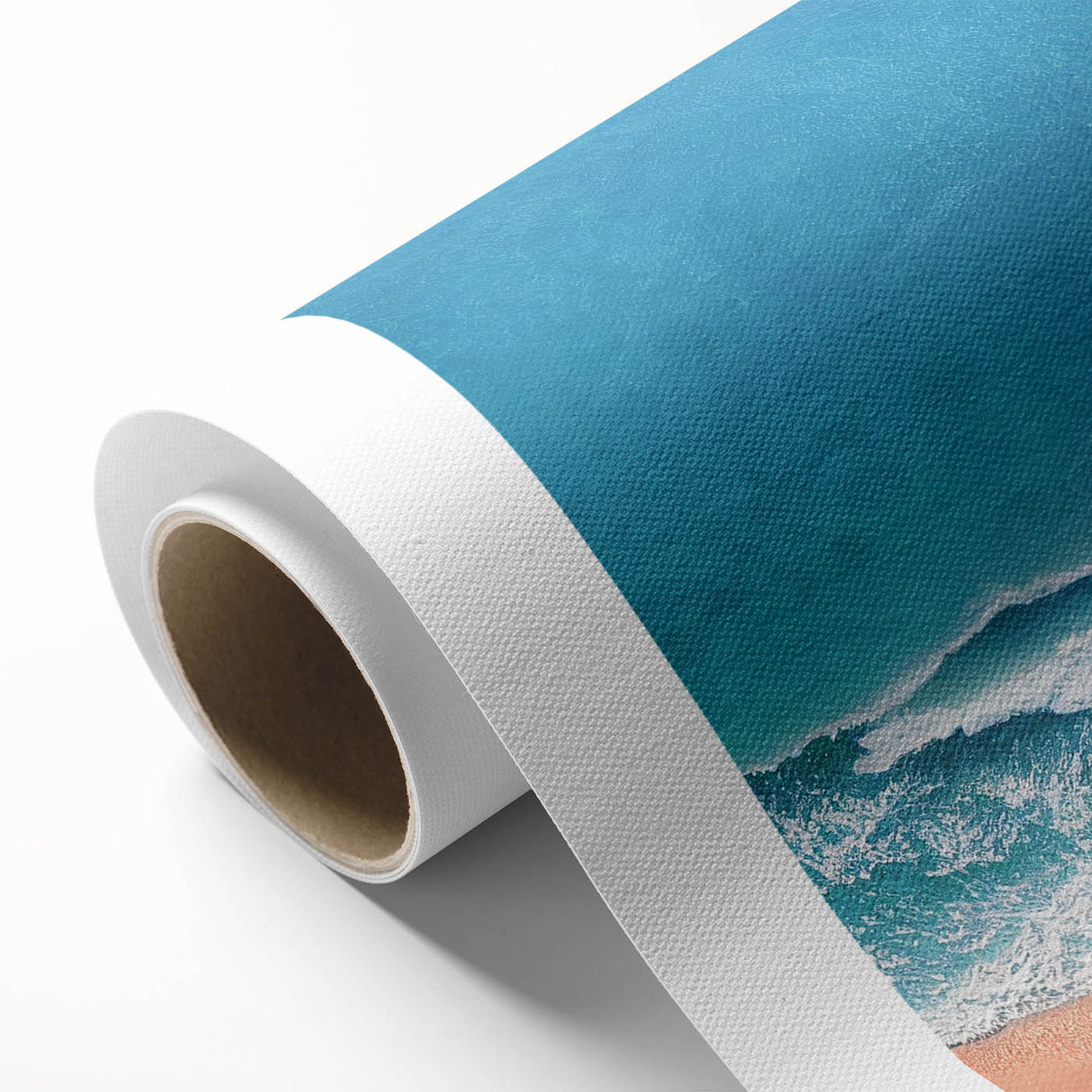 Rolled canvas artwork showcasing a serene beach landscape with vibrant blue skies and gentle waves, ideal for coastal decor enthusiasts. The piece captures the essence of tranquility, making it perfect for home or office spaces.