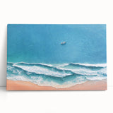 Stretched canvas wall art showcasing a serene beach landscape design, featuring soft pastel colors and gentle waves, perfect for coastal decor aesthetics.