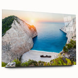 Acrylic glass wall art collection showcasing a stunning beach landscape design, featuring vibrant colors and a side view without pins, perfect for home decor.