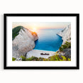 Framed wall art collection showcasing a serene beach landscape design with vibrant colors, featuring a black frame and mat, ideal for home decor.