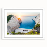 Framed wall art featuring a serene beach landscape design with soft pastel colors, set in a white mat and frame, ideal for home decor and relaxation.