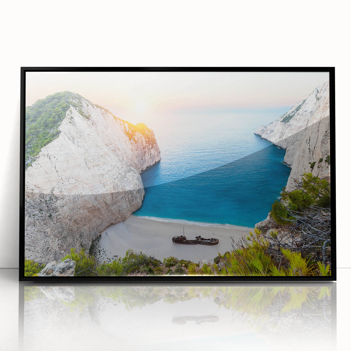 Framed wall art showcasing a serene beach landscape with vibrant colors, encased in a sleek black frame, ideal for enhancing modern home decor.