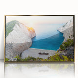 Framed wall art collection showcasing a serene beach landscape with golden hues, set in an elegant acrylic frame, perfect for enhancing modern home decor.