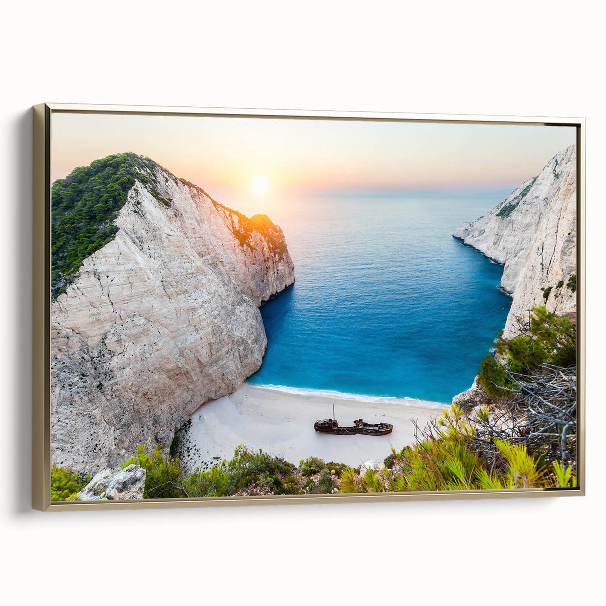 Framed canvas wall art depicting a serene beach landscape with vibrant colors and gold accents, ideal for modern home decor and interior design enhancement.