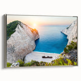 Framed canvas wall art featuring a serene beach landscape with vibrant colors, silver frame, and side view showcasing its elegant design, perfect for home decor.