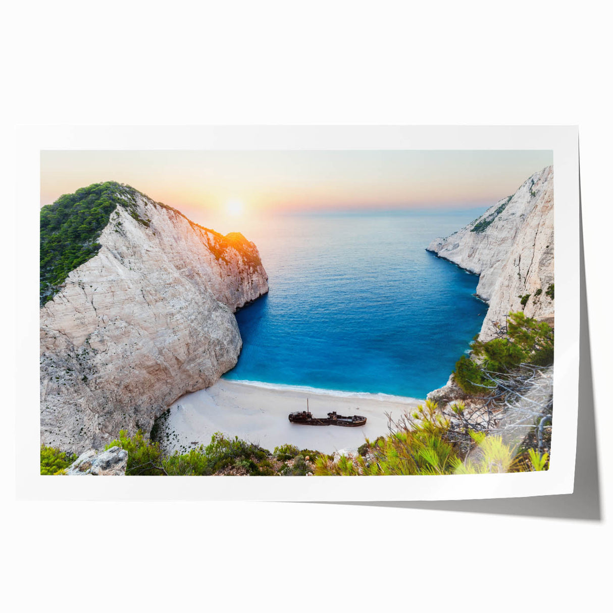 Stunning rolled print of a serene beach landscape, showcasing soft blue waves and golden sand, perfect for coastal-themed decor in any home.