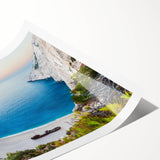 Vibrant rolled wall art print showcasing a picturesque beach landscape with vivid colors, surrounded by lush greenery, ideal for enhancing home decor.