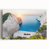 Vibrant stretched canvas wall art showcasing a serene beach landscape with soft waves and a golden sunset, ideal for coastal-themed decor.