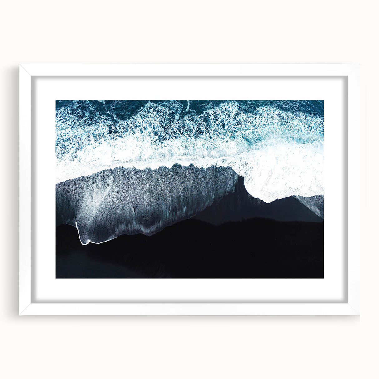 Framed wall art collection showcasing vibrant beach landscapes, featuring a white mat and sleek frame design, perfect for enhancing home decor with coastal vibes.