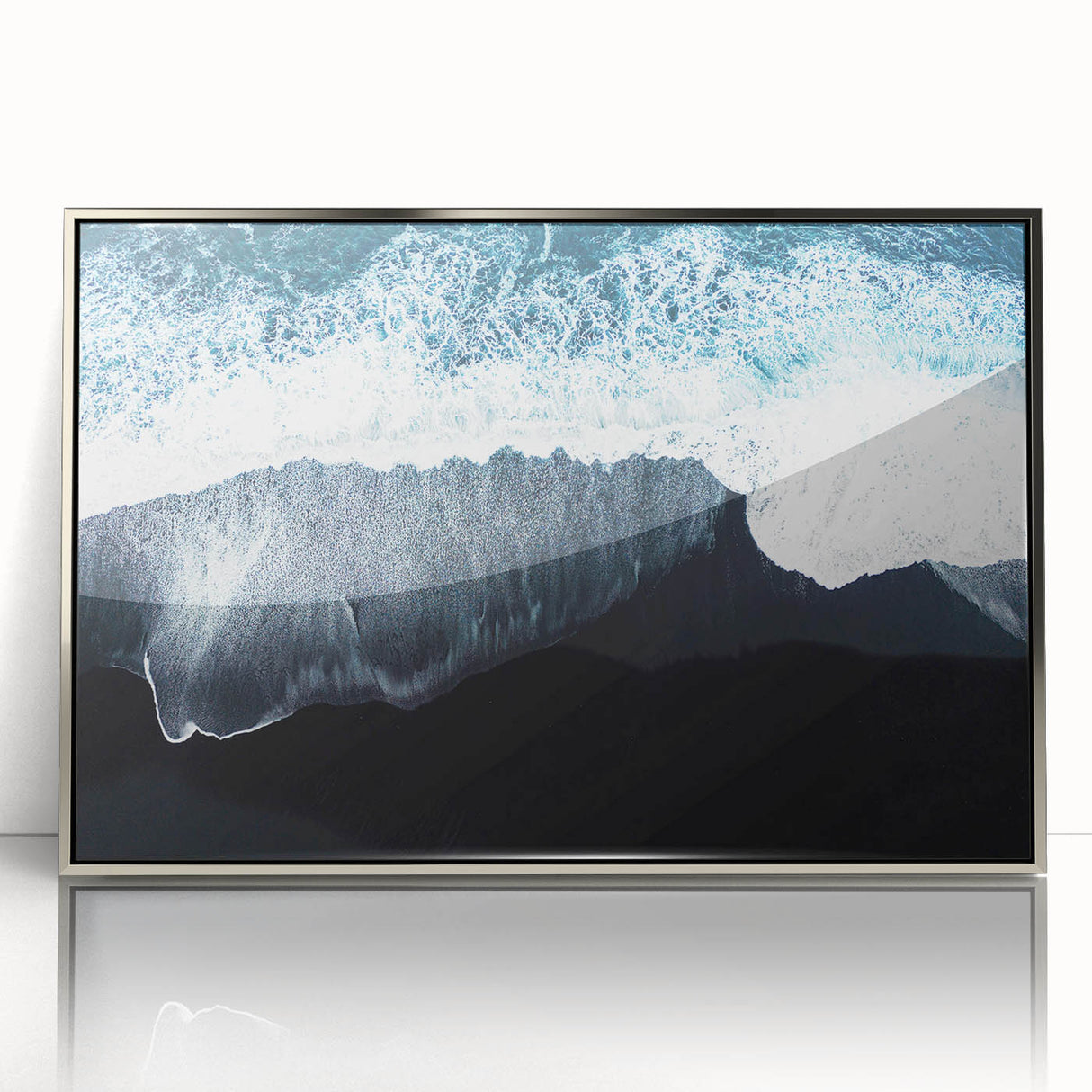 Framed acrylic wall art showcasing a serene beach landscape with vibrant colors, perfect for home decor. The silver frame adds elegance to any interior design.