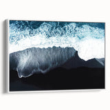 Framed canvas wall art featuring a serene beach landscape design with soft blue and beige tones, displayed from a side view against a white background. Ideal for coastal-themed decor.