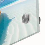 Close-up of a vibrant landscape wall art piece featuring a serene beach scene with turquoise waters, sandy shores, and palm trees, ideal for home decor.