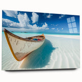 Acrylic glass wall art showcasing a vibrant beach landscape design, displayed at an angle without pins, perfect for contemporary home decor.