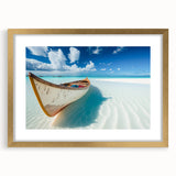 Framed wall art showcasing a serene beach landscape with soft blue skies and golden sands, elegantly matted and accented with a gold frame for a luxurious finish. This piece enhances any coastal-themed decor, bringing a tranquil atmosphere to living spaces.