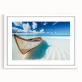 Framed wall art depicting a serene beach landscape, featuring vibrant blues and sandy tones, set in a sleek white mat and frame, ideal for coastal decor.