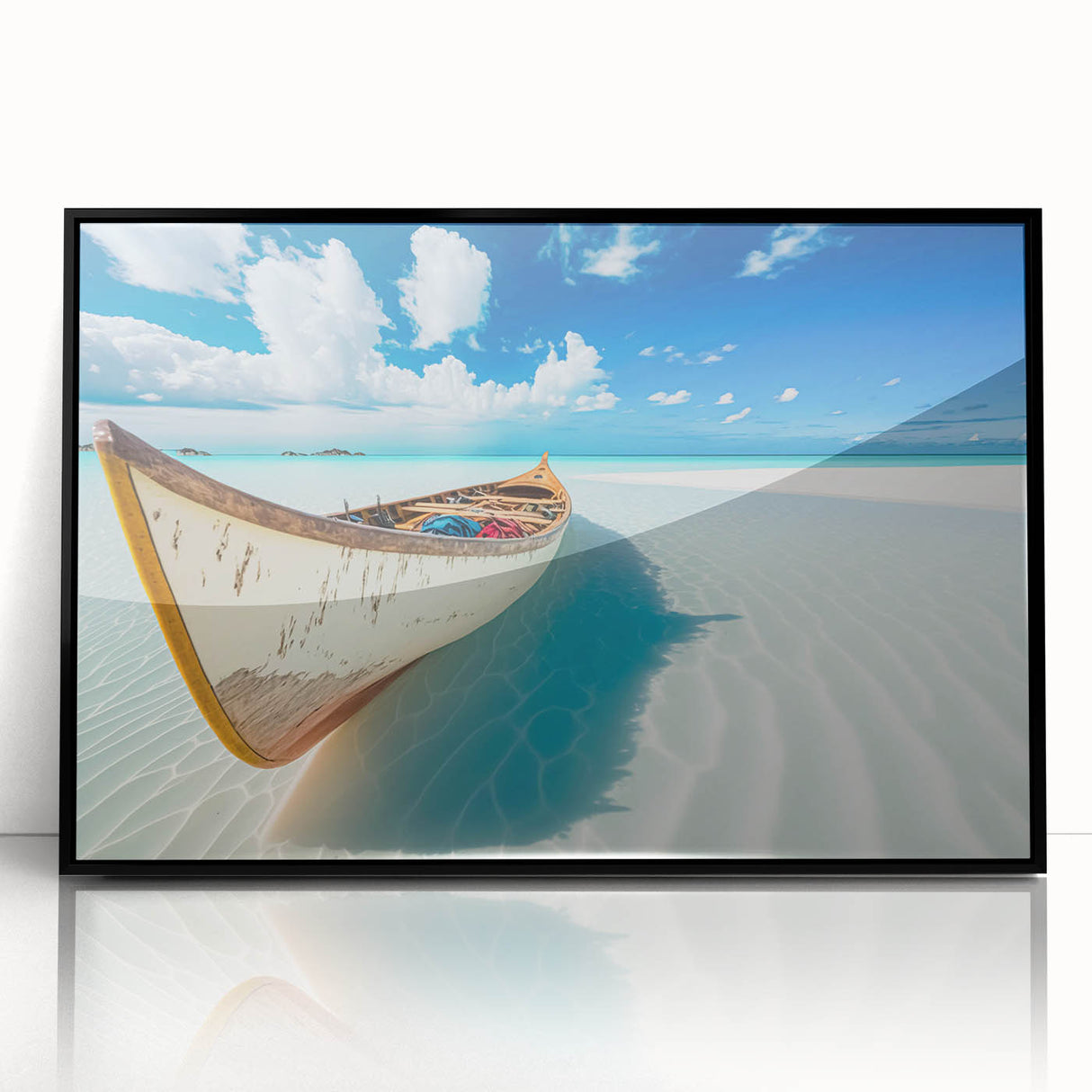 Framed wall art featuring a serene beach landscape design, showcasing vibrant colors and intricate details, presented in a sleek black frame for elegant decor.