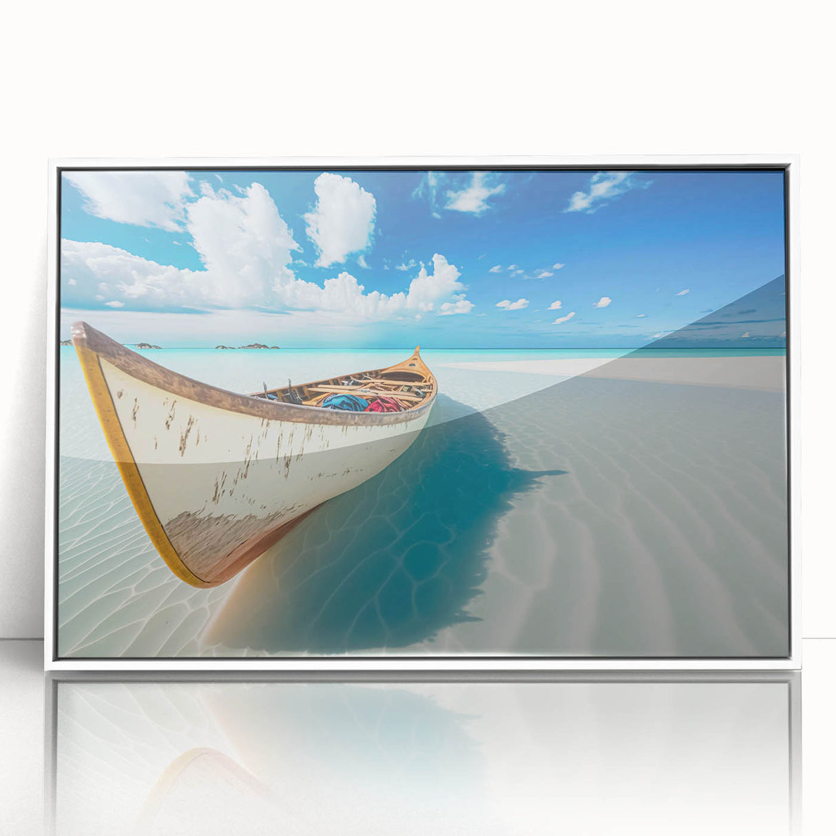 Framed acrylic wall art showcasing a serene beach landscape with soft waves and a bright blue sky, presented in a sleek white frame for modern decor.