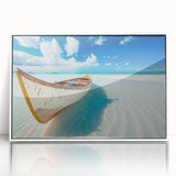 Framed acrylic wall art showcasing a serene beach landscape with soft waves and a bright blue sky, presented in a sleek white frame for modern decor.