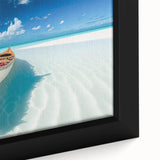 Close-up of a framed canvas wall art piece showcasing a serene beach landscape with vibrant colors and intricate details, perfect for coastal home decor.