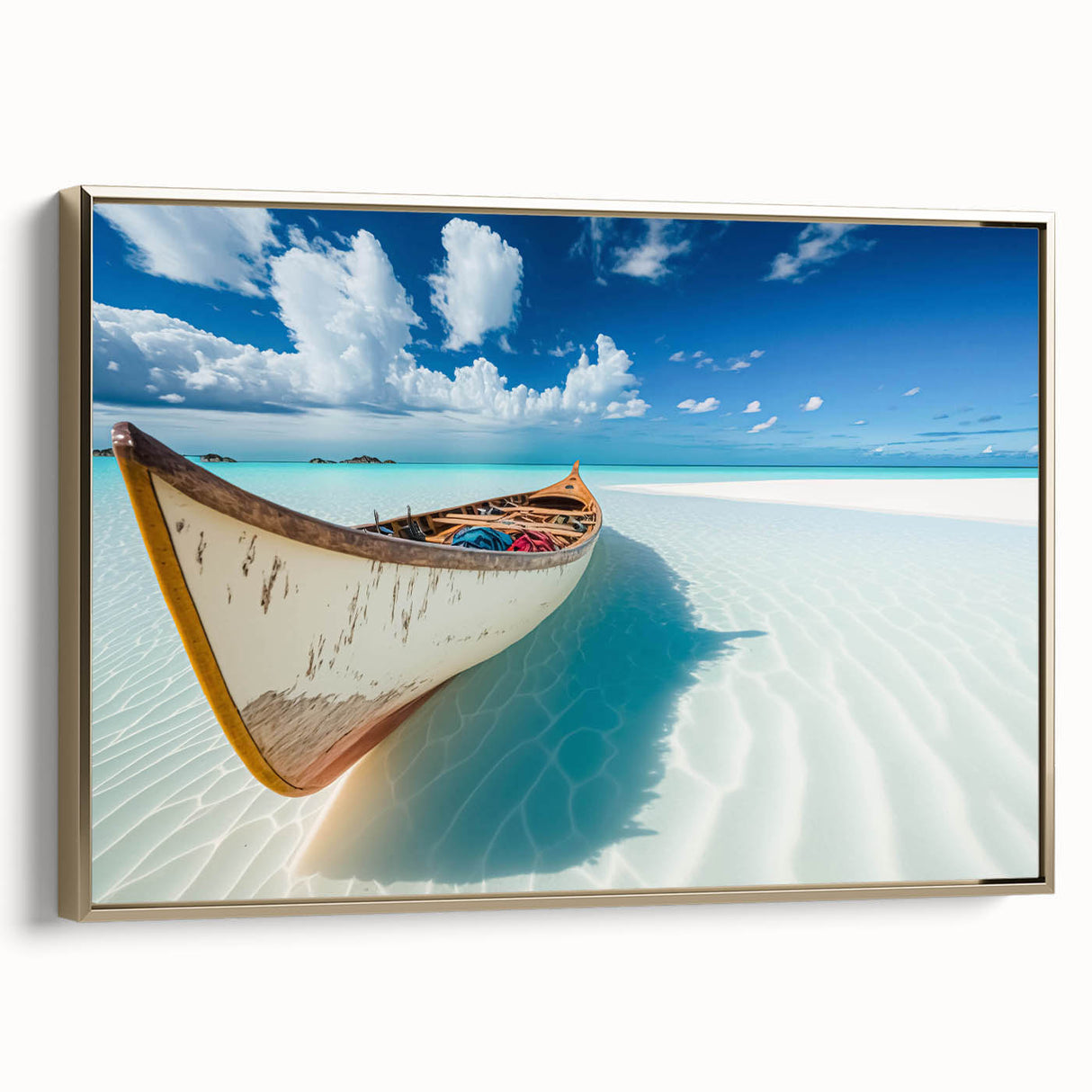 Framed canvas artwork showcasing a serene beach landscape with golden hues, elegantly displayed in a modern frame, ideal for enhancing home decor.