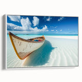 Framed canvas wall art showcasing a serene beach landscape with vibrant colors, featuring gentle waves and a clear blue sky, perfect for coastal home decor.