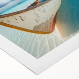 Vibrant rolled canvas wall art featuring a serene beach landscape with soft pastel colors, ideal for home decor or coastal-themed interiors, packaged securely for shipping.