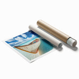 Vibrant rolled print of a serene beach landscape, showcasing soft pastel colors and gentle waves, ideal for home decor. Packaged securely in a protective tube.