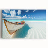 Stretched canvas wall art depicting a serene beach landscape with vibrant blue skies and gentle waves, enhancing any coastal-themed decor. Ideal for home or office settings.