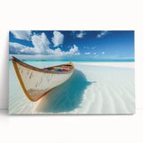 Stretched canvas wall art showcasing a serene beach landscape with vibrant blue skies and golden sand, ideal for home decor and relaxation themes.