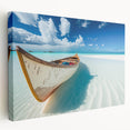 Stretched canvas wall art featuring a serene beach landscape design, showcasing vibrant blue skies and soft sand tones, perfect for coastal decor enthusiasts.