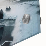 Close-up of a vibrant acrylic glass wall art piece showcasing a serene beach landscape, featuring soft blue waves, sandy shores, and a tranquil sunset glow, ideal for coastal home decor.