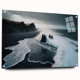 Acrylic glass wall art showcasing a vibrant beach landscape design, displayed in a side view with decorative pins, adding a contemporary touch to home decor.