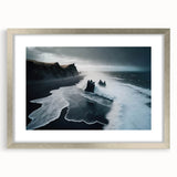 Framed wall art depicting a serene beach landscape, featuring soft colors of blue and beige, encased in a sleek silver frame with a white mat for an elegant touch. Perfect for adding a tranquil coastal vibe to home decor.