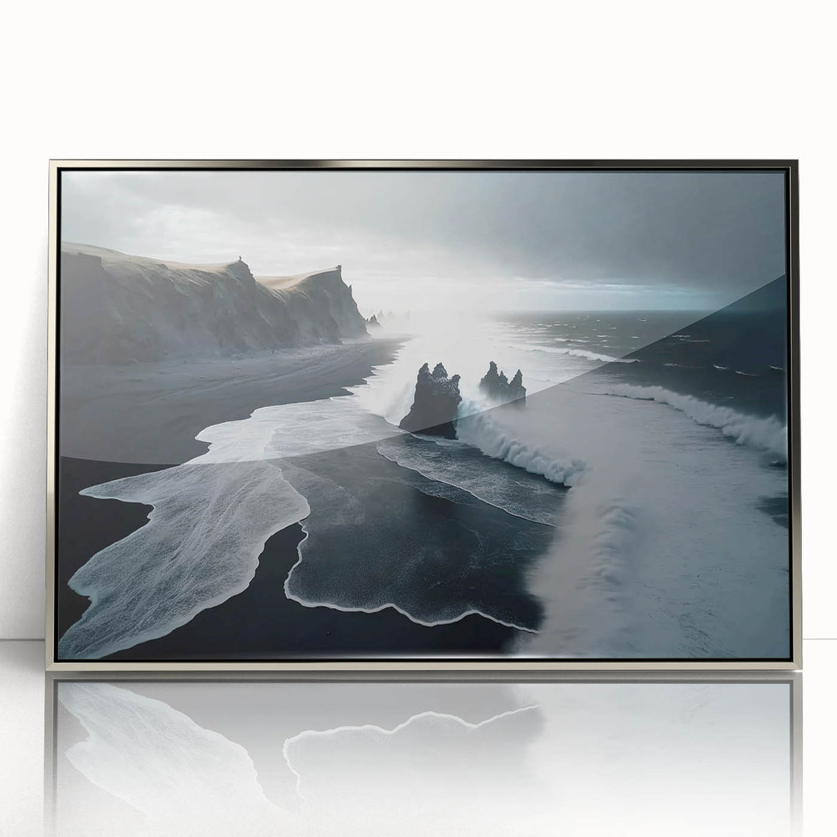 Framed wall art featuring a serene beach landscape design with vibrant colors and an elegant silver frame, perfect for enhancing home decor.