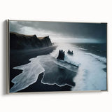 Framed canvas wall art showcasing a serene beach landscape design, featuring soft blues and sandy tones with a sleek silver frame, perfect for home decor.