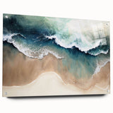 Acrylic glass wall art collection showcasing a vibrant beach landscape design, displayed in a side view with decorative pins, ideal for modern home decor.