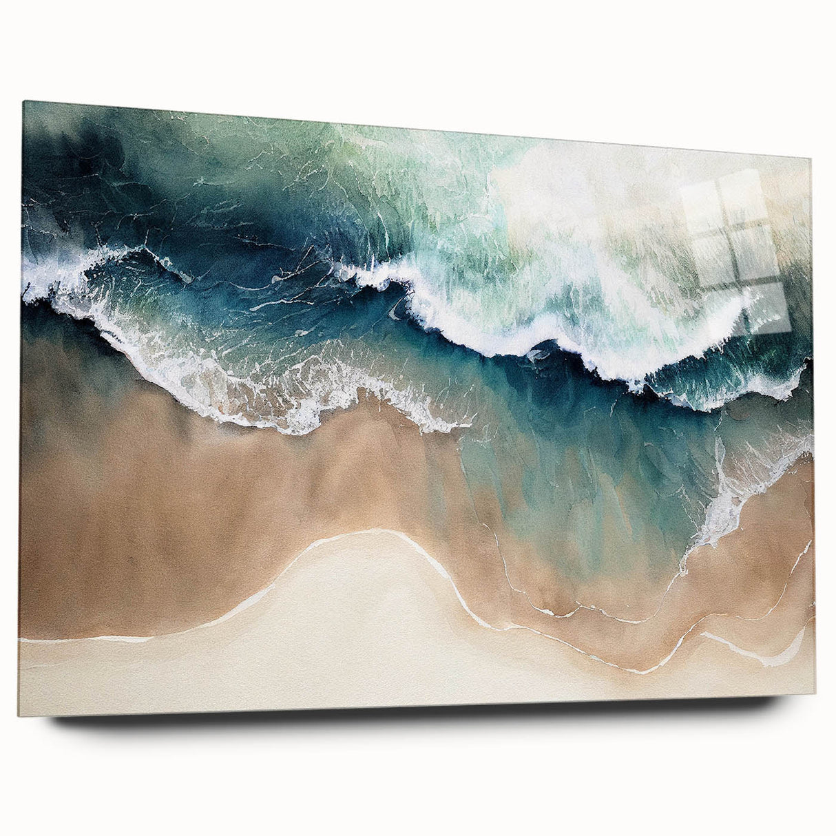 Acrylic glass wall art showcasing a vibrant tropical beach scene with waves and palm trees, beautifully framed for modern decor, perfect for coastal-themed interiors.