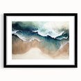 Framed wall art featuring a serene beach landscape design with vibrant colors and a sleek black frame, showcasing a mat for an elegant presentation.