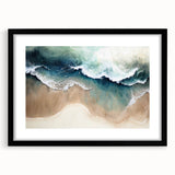 Framed wall art featuring a serene beach landscape design with vibrant colors and a sleek black frame, showcasing a mat for an elegant presentation.